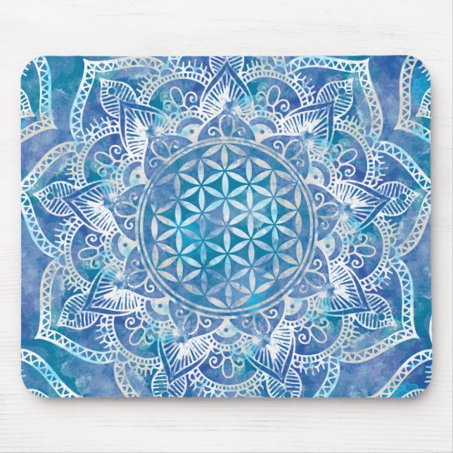 Flower of Life in Lotus - Watercolor Blue Mouse Pad (Front)