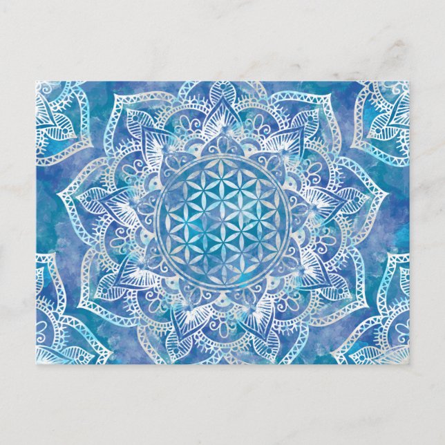 Flower of Life in Lotus - Watercolor Blue Postcard (Front)