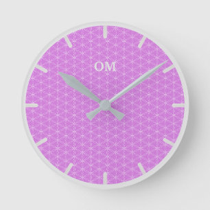 Flower of Life in Silver and Violet Round Clock