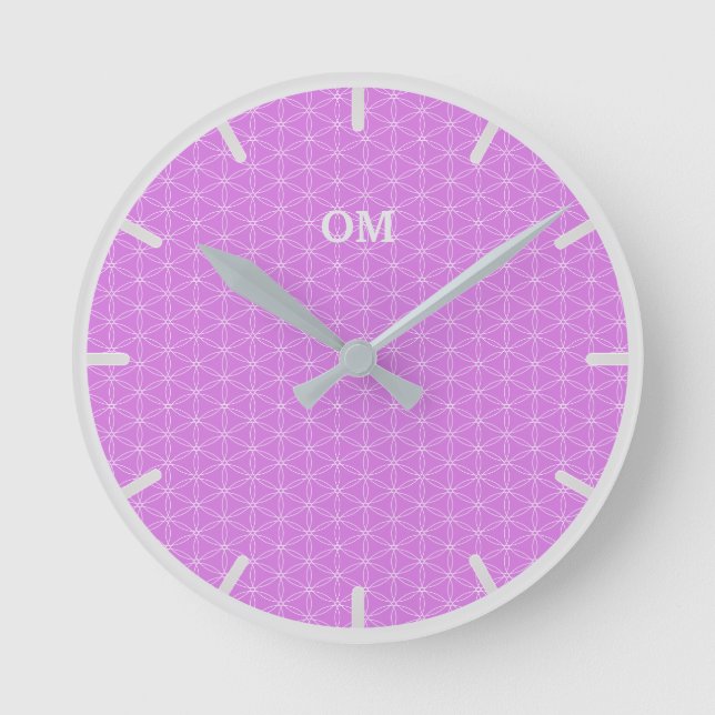 Flower of Life in Silver and Violet Round Clock (Front)