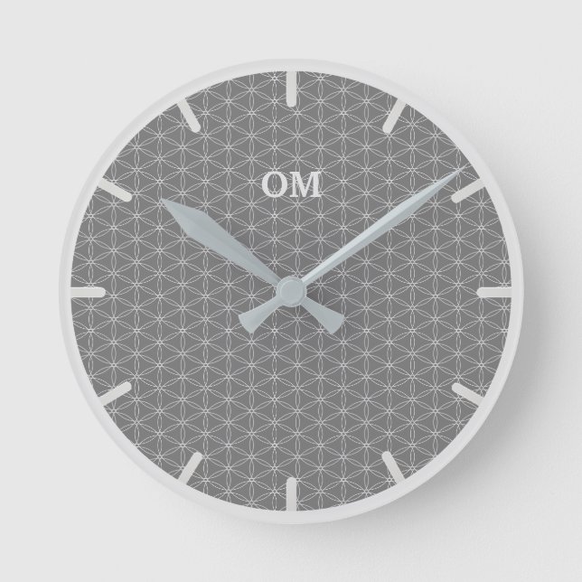 Flower of Life in Silver Dust and Gray Round Clock (Front)