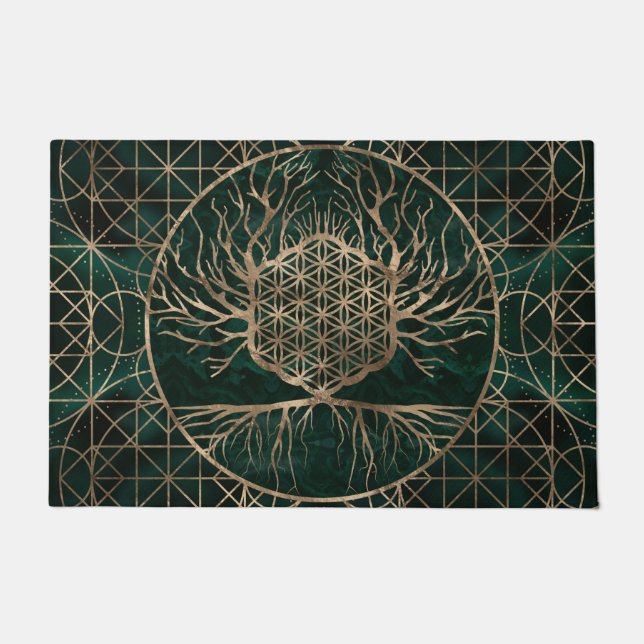 Flower of Life in Tree of life Malachite and Gold Doormat (Front)