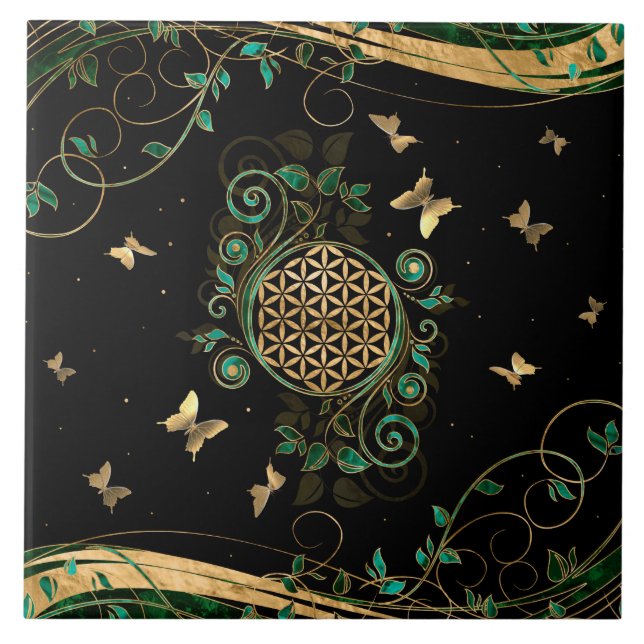 Flower of Life  - Malachite Swirl and Butterflies Tile (Front)