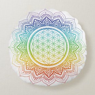 Flower of life   Mandala   Chakra   White Round Pillow
