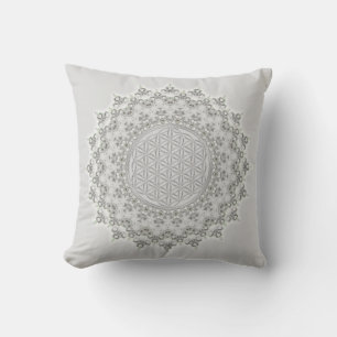 Flower of Life - Mandala grey green Throw Pillow