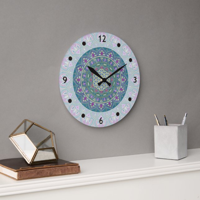 Flower Of Life - Mandala India Style 1 Large Clock (Office)
