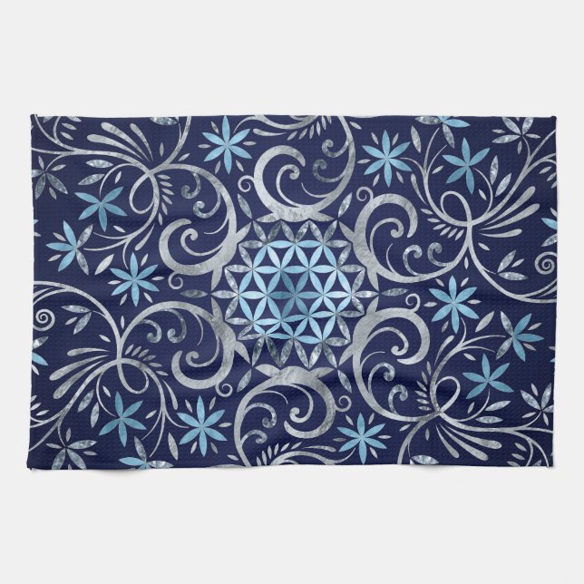 Flower of life Mandala - Silver Blue Kitchen Towel (Horizontal)
