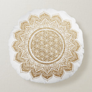 Flower of life Mandala white gold glitter Round Pillow