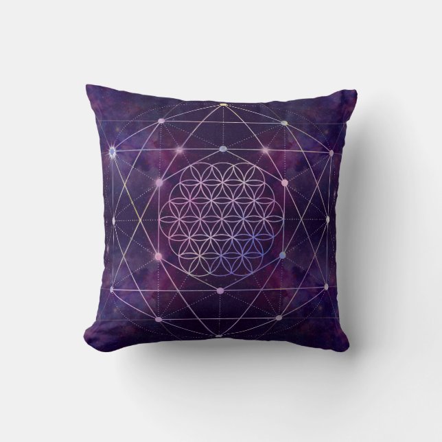Flower of Life on Nebula - sky Throw Pillow (Front)