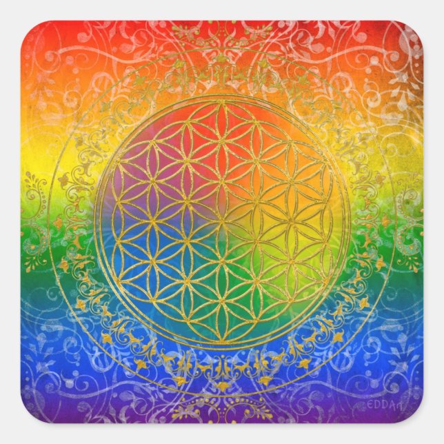 Flower of Life - Ornament Rainbow gold Square Sticker (Front)