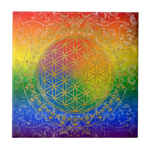 Flower of Life - Ornament Rainbow gold Tile