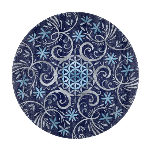 Flower of life Ornament - Silver Blue Cutting Board (Front)