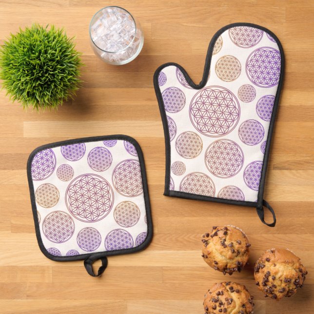 FLOWER OF LIFE - PATTERN 10 OVEN MITT & POT HOLDER SET (Top Down)