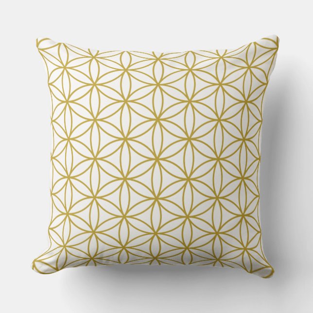 Flower of Life Pattern Gold on White Throw Pillow (Front)