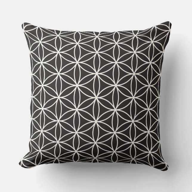 Flower of Life Pattern White on Black Throw Pillow (Front)