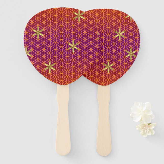 FLOWER OF LIFE - red gold pattern Hand Fan (Front and Back)