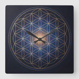 Flower of Life Sacred Geometry Gold Blue Spiritual Square Wall Clock