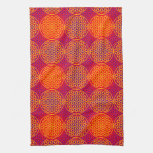 Flower of Life - stamp pattern - orange pink Kitchen Towel