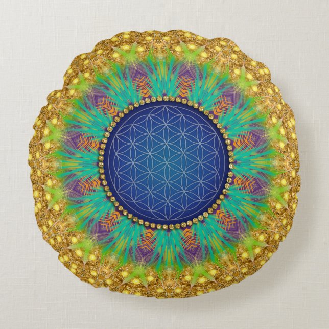 Flower of Life Vibrant Colours Gold Navy Blue Round Pillow (Front)