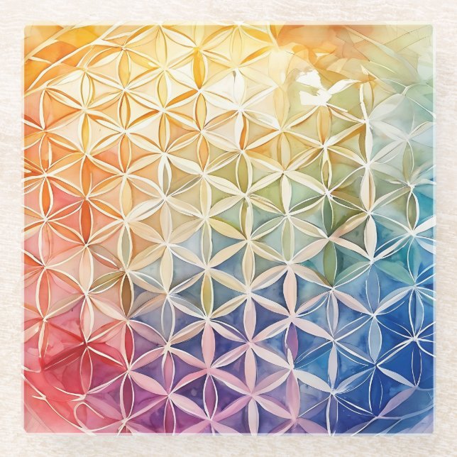 Flower of Life - Watercolor Painting Glass Coaster (Front)