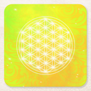 flower of life , yellow, sacred geometric square paper coaster