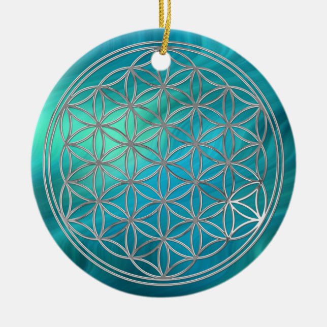 Flower Of Live / silver | bluegreen waves Ceramic Ornament (Front)