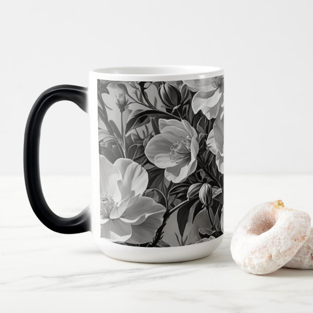 Flower oil painting grayscale magic mug (With Donut)