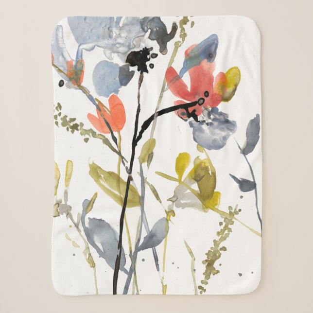 Flower Overlay - Watercolor Flowers & Stems Sherpa Blanket (Front)
