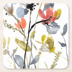 Flower Overlay - Watercolor Flowers & Stems Square Paper Coaster
