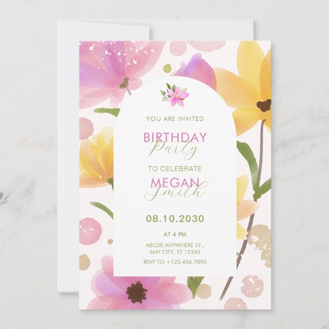 Flower pastel pink yellow birthday invitation (Front)