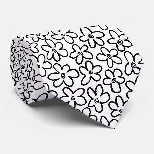 Flower Pattern 080821 - Black and White Tie (Rolled)