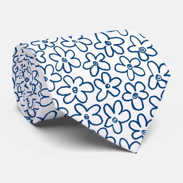 Flower Pattern 080821 - Indigo Blue and White Tie (Rolled)