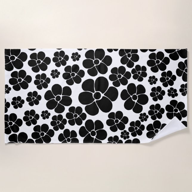 Flower Pattern - Black and White Beach Towel (Front)