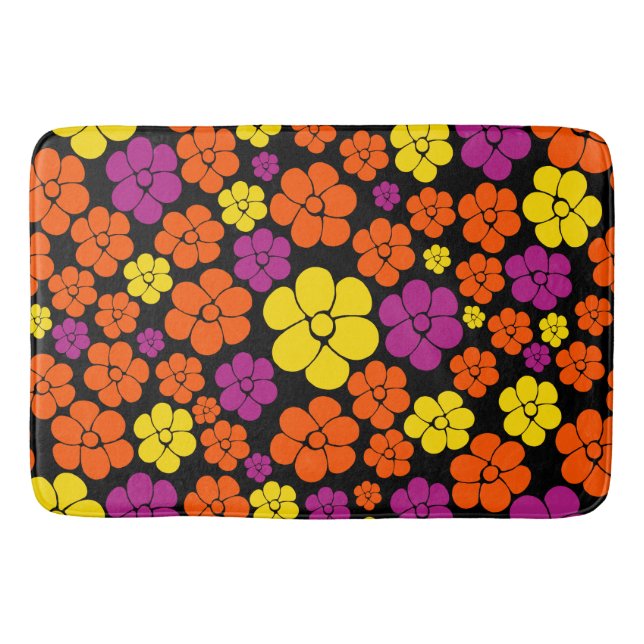Flower Pattern - Black, Pink, Orange and Yellow Bath Mat (Front)