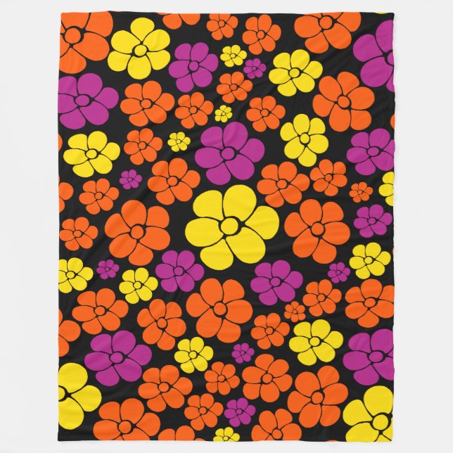 Flower Pattern - Black, Pink, Orange and Yellow Fleece Blanket (Front)