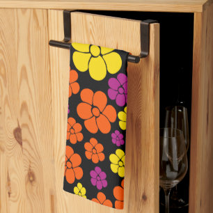 Flower Pattern - Black, Pink, Orange and Yellow Kitchen Towel