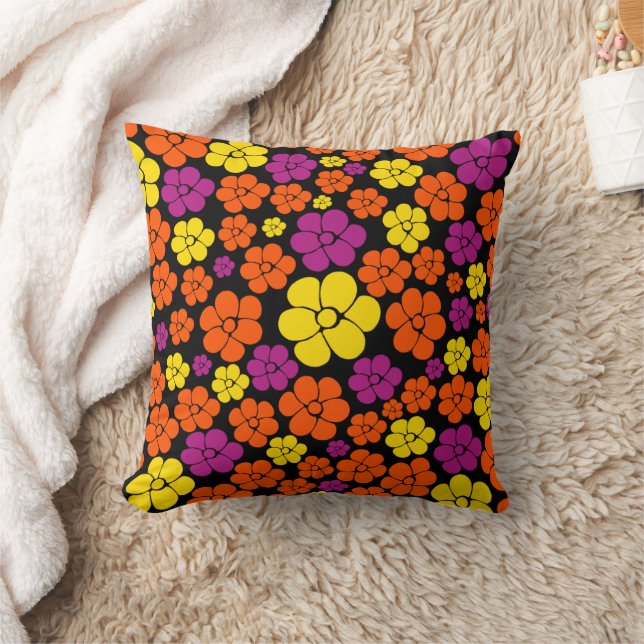 Flower Pattern - Black, Pink, Orange and Yellow  Throw Pillow (Blanket)
