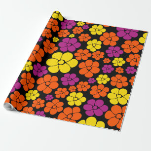 Flower Pattern - Black, Pink, Orange and Yellow Wrapping Paper