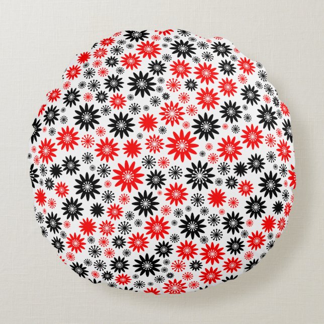 Flower Pattern - Black with Red and White Round Pillow (Front)