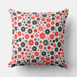 Flower Pattern - Black with Red and White Throw Pillow