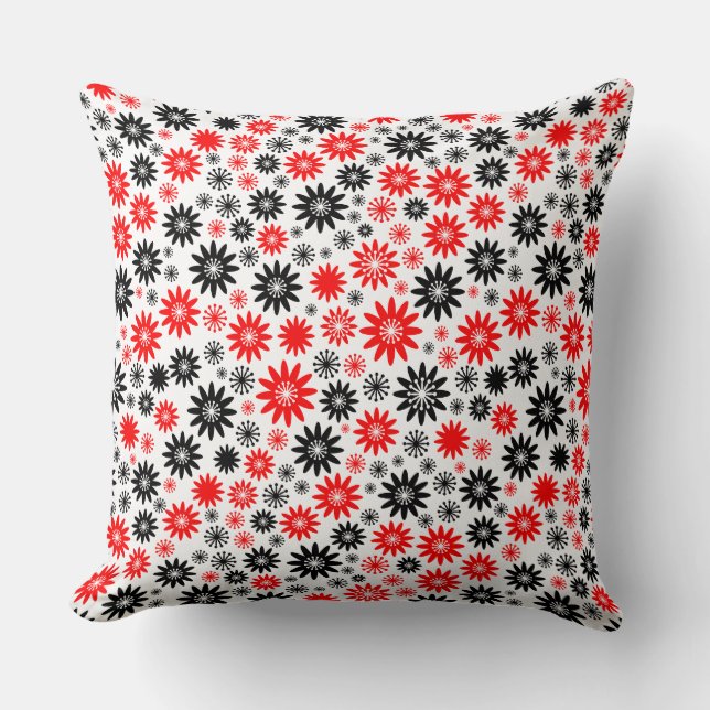Flower Pattern - Black with Red and White Throw Pillow (Front)