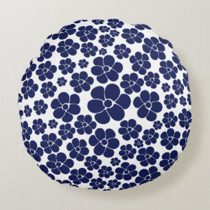 Flower Pattern - Blue and White Round Pillow