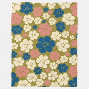 Flower Pattern - Blue, Olive Green, Pink and Cream Fleece Blanket