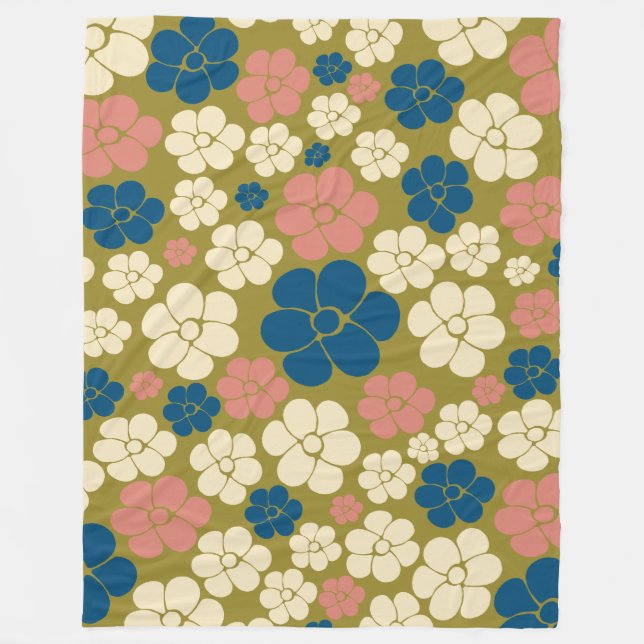 Flower Pattern - Blue, Olive Green, Pink and Cream Fleece Blanket (Front)