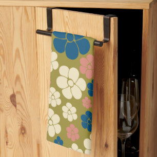 Flower Pattern - Blue, Olive Green, Pink and Cream Kitchen Towel