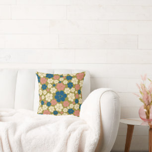 Flower Pattern - Blue, Olive Green, Pink and Cream Throw Pillow