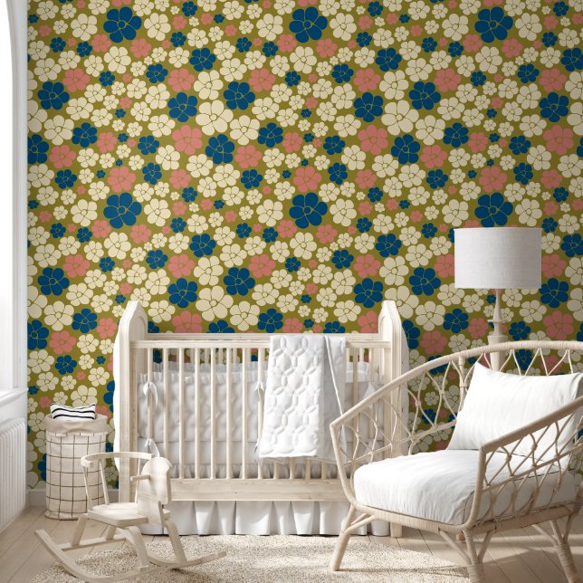 Flower Pattern - Blue, Olive Green, Pink and Cream Wallpaper (Kids)