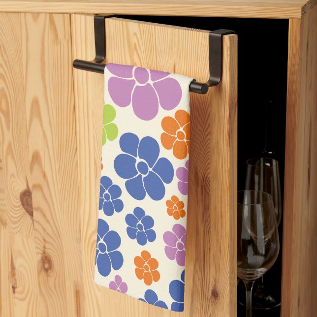 Flower Pattern - Blue, Orange, Purple, Green Kitchen Towel (Thirds Fold)