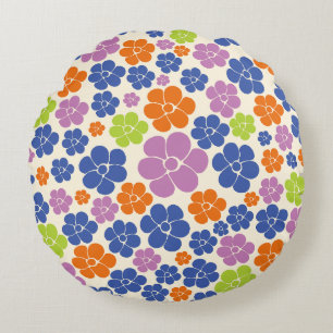 Flower Pattern - Blue, Orange, Purple, Green Round Pillow