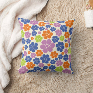 Flower Pattern - Blue, Orange, Purple, Green Throw Pillow